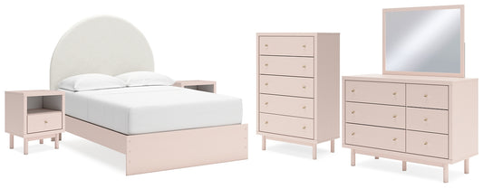 Wistenpine Full Upholstered Panel Bed with Mirrored Dresser, Chest and 2 Nightstands